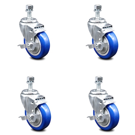Service Caster 4 Inch Blue Polyurethane Swivel 12mm Threaded Stem Caster Set with Brake SCC-TS20S414-PPUB-BLUE-TLB-M1215-4